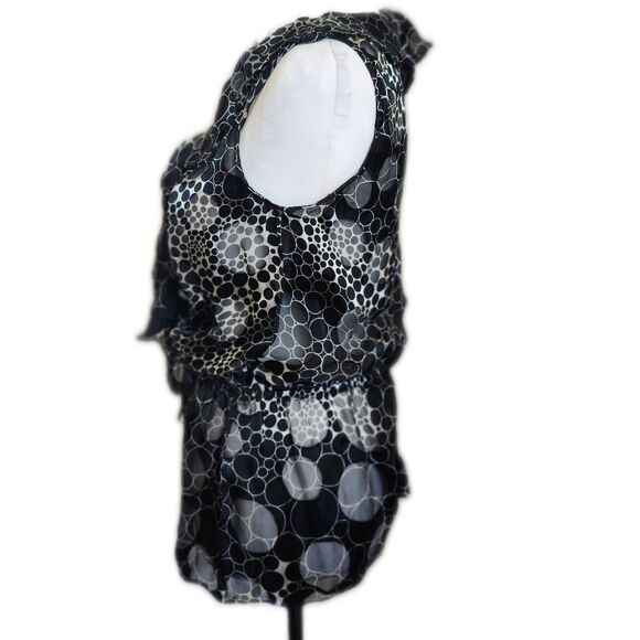 Black & Cream Circle Pattern Faux Wrap Silk Sleeveless Blouse, Peplum, M - Picture 2 of 6